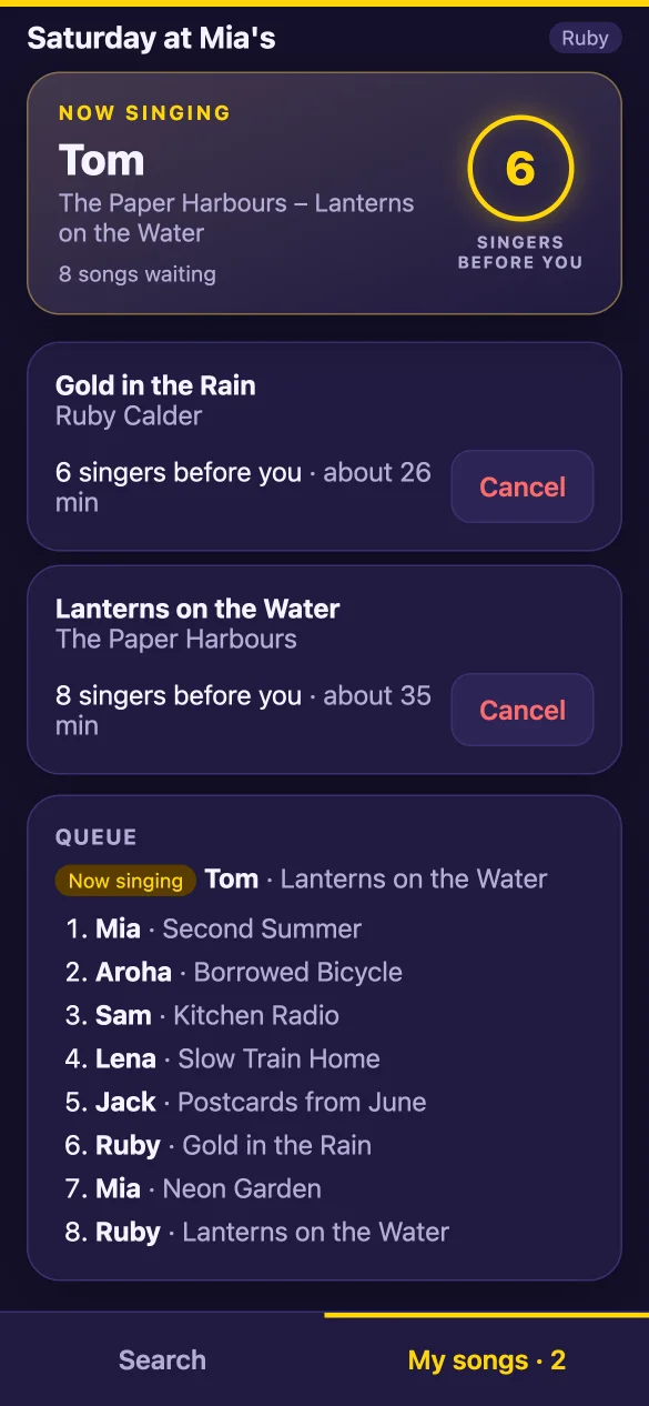 A guest's phone: their songs and their place in the queue